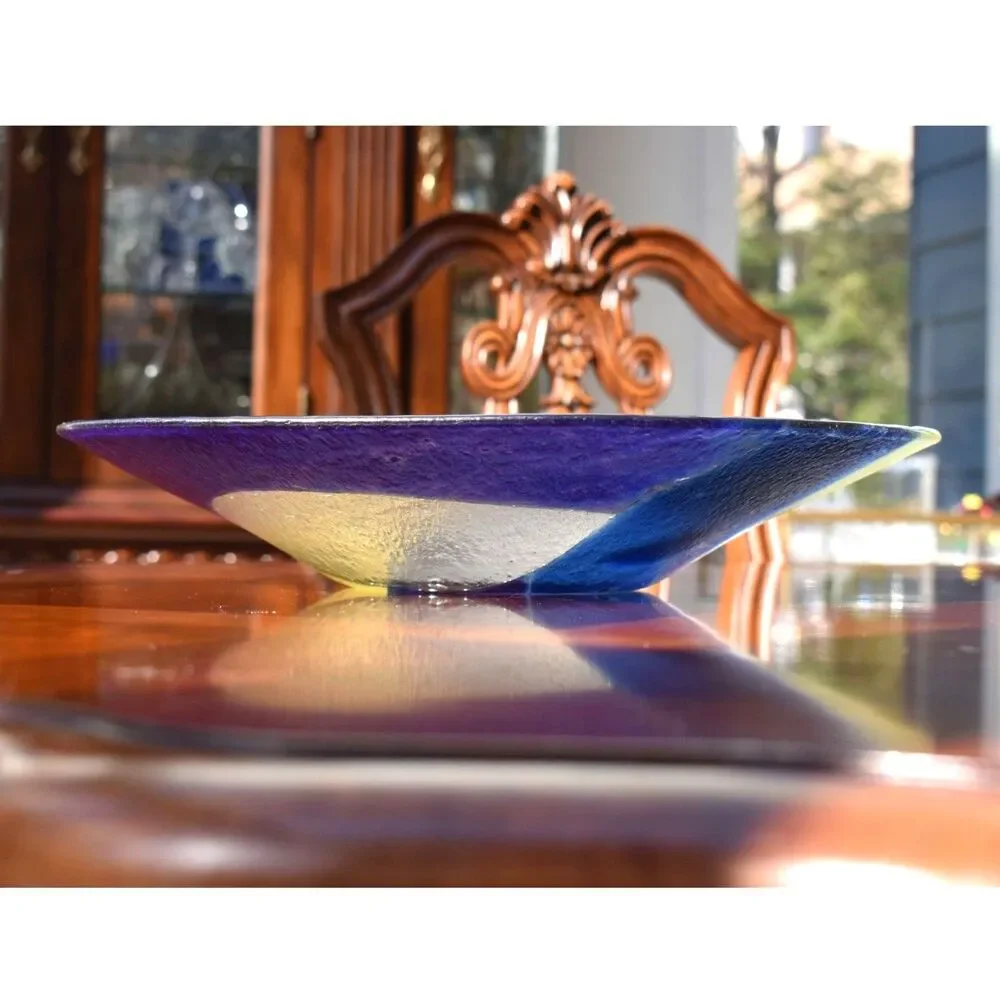 Art Glass Sculpture Bowl by V. Rotenberg - Multicolor Fused Glass Centerpiece
